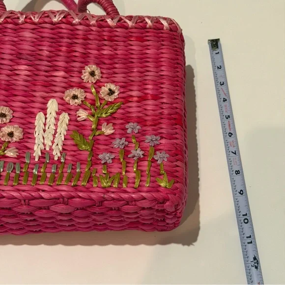 Vintage 1980’s Marlo Pink Floral Embroidered Woven Tote Bag Purse - Picture 6 of 14